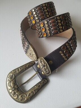 Italian Leather Belt with Studded Stones And Brass Buckle